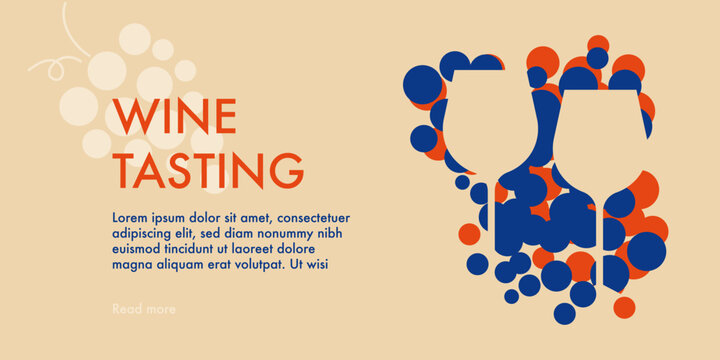 Wine tasting layout template. Two champagne, wine glasses, grapes. Flat vector illustration for event, wine party, promotion, menu, invitation. National Wine Day design. Pastel background