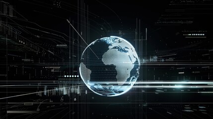 Image of shapes over globe with data processing on black background
