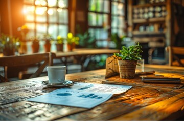 Warm-toned café setting with a coffee cup and business reports on a wooden table - obrazy, fototapety, plakaty