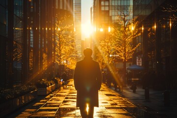 The golden hour casts a magical light on a man's silhouette as he strolls down a city street - obrazy, fototapety, plakaty
