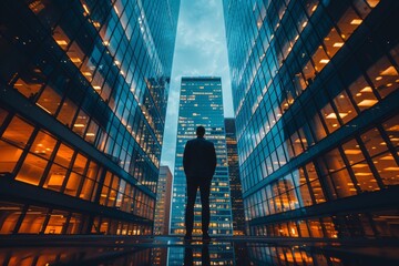 Lone figure stands before towering skyscrapers during the blue hour, suggesting concepts of business and urban life