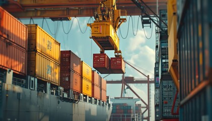 Naklejka premium container ship carrying container boxes with a quay crane