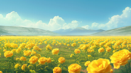 Vibrant Blossoms as Far as the Eye Can See: Majestic Field of Yellow Roses under a Clear Blue Sky with Distant Mountains