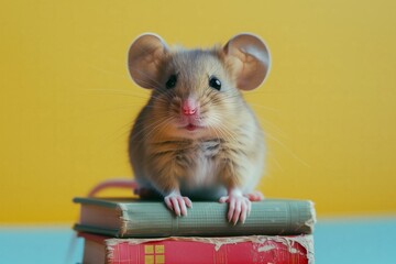 Education concept - rat or mouse sitting on books on yellow background. April National Library Day. I love read the books. Cute mouse sitting on the top of books stack