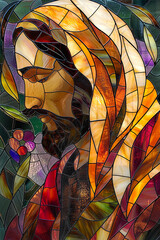 Stained glass illustration of Jesus Christ. Generative AI. 