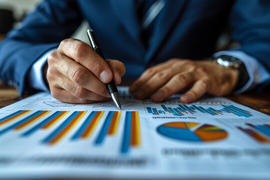 Detailed image capturing a businessman's hands as he meticulously examines colorful financial charts and graphs
