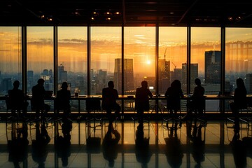 A group of silhouetted people sitting in front of a large window overlooking a sunset cityscape, possibly in a corporate or business setting