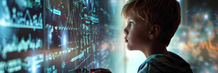 Boy examining futuristic data streams - A curious boy analyzing complex digital data streams on an advanced technological interface