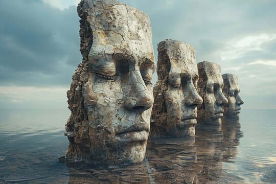 Digital art of Easter Island Moai statues submerged in tranquil water reflecting the clouds
