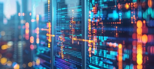 Digital interface with pixelated data stream, binary code, and encryption concept with glowing dots