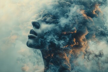 This evocative image depicts a female face emerging from swirling blue smoke, suggesting mystery and the ethereal nature of human thought and emotion - obrazy, fototapety, plakaty
