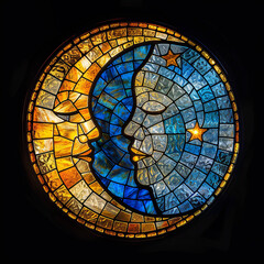 Stained glass illustration of the moon with a face. 