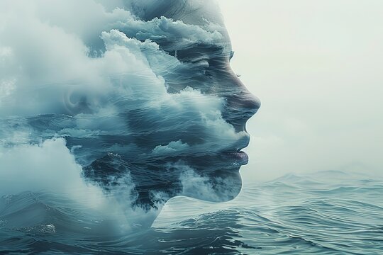An artistic depiction of a woman's side profile merging seamlessly with crashing ocean waves
