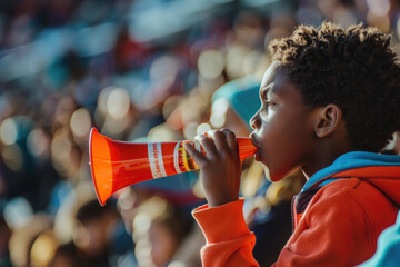 Kid blowing a vuvuzela during sports match at the stadium