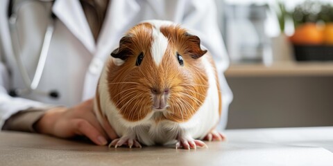 Generative AI, cute small guinea pig on the table being examined by professional veterinarian in vet clinic	
