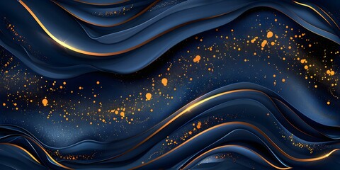 Elegant navy blue liquid swirls with gold powder luxurious wallpaper design seamless background. Concept Luxury Wallpaper, Navy Blue Swirls, Gold Powder, Elegant Design, Seamless Background