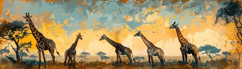 African savannah, a majestic giraffe gracefully roams amidst the golden grasslands and verdant landscapes. Its long neck stretches upwards towards the endless sky