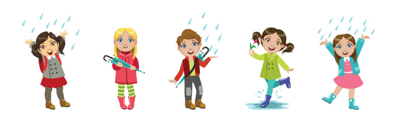 Cute Kids in Autumn at Rainy Day in Coat with Umbrella Vector Set