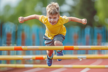 Fototapeta na wymiar a kid jumping over hurdles on running track at stadium