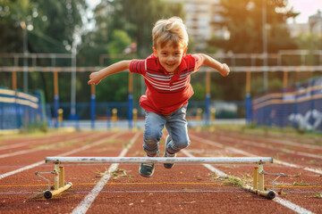 a kid jumping over hurdles on running track at stadium - Powered by Adobe