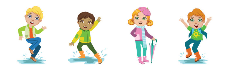 Cute Kids in Autumn at Rainy Day in Coat with Umbrella Vector Set
