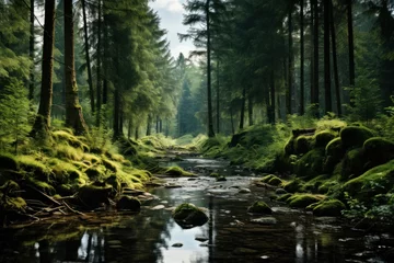 Fotobehang Stream Flowing Through Lush Green Forest Generative AI © Johnathan