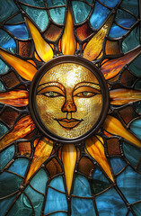 Stained glass window with colorful illustration of the sun. Generative AI.  