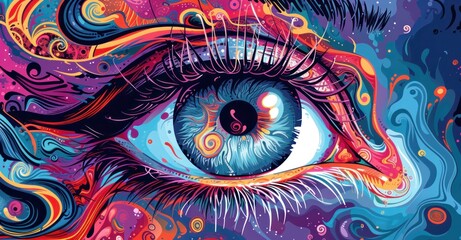 Female eye macro, abstract psychedelic illustration, artistic modern futuristic print, creative artwork minimal. Human eye close up, colorful fashionable futuristic. Contemporary trendy surreal