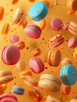 Fliegende bunte Macronen in Nahaufnahme f&uuml;r Poster und als Druckvorlage