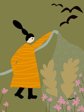 Fototapeta Gardening illustration. Woman outdoors watering plants and spring flowers