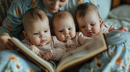 mother reading a book with her baby girls at home, mom and child spending time together