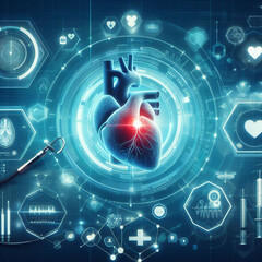 future cardiology and heart research, together with vital signs, infographics, biometrics, and stethoscope and catheter services for clinical and hospital settings as a large banner with space for cop - obrazy, fototapety, plakaty
