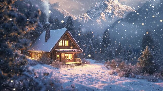 Snow-covered cabin nestled in a winter forest, offering a cozy retreat with a picturesque mountain view Seamless looping 4k time-lapse virtual video animation background. Generated AI