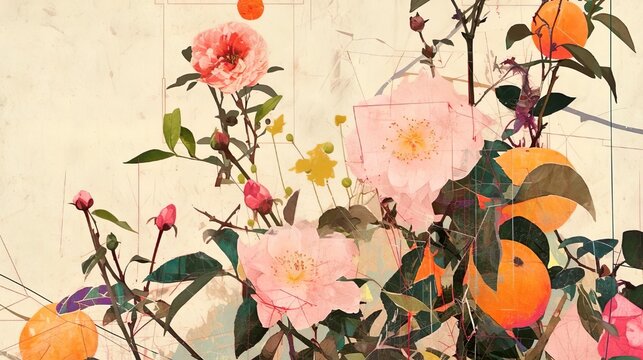 Classic style background. Watercolor vintage mixed of pink rose and orange fruit