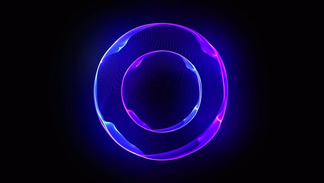 Bright glowing particle 3d sphere in the Universe. Abstract technology, science, engineering, and artificial intelligence background. Virtual assistant. Animated wave energy orb. Purple and blue.