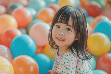Fototapeta na wymiar Portrait of happy kid child playing at balls pool playground