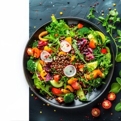 Vegetarian green salad with lentils and vegetables