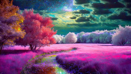 Create an image featuring a serene and surreal landscape under an infrared spectrum.
