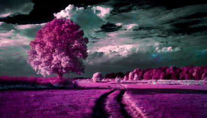 Create an image featuring a serene and surreal landscape under an infrared spectrum.