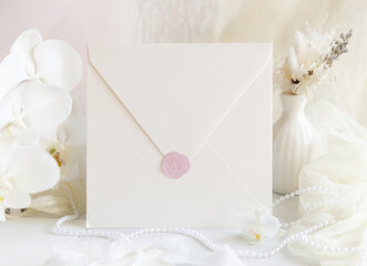 Envelope near white orchid flowers and decor close up, pastel romantic wedding mockup