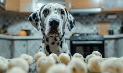 high quality, realistic shot of a dalmatian dog looking towards a lot of mochi