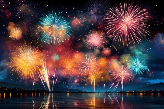 Celebratory birthday fireworks painting the dark sky with vibrant hues, captured in high definition to showcase the beauty and brilliance of the dazzling display