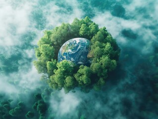 Planet Earth in the middle of a green forest - obrazy, fototapety, plakaty