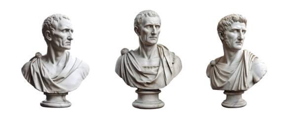 Busts of Roman patricians on a transparent background. Marble sculpture of ancient generals and senators.
