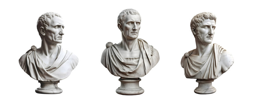 Busts of Roman patricians on a transparent background. Marble sculpture of ancient generals and senators.
