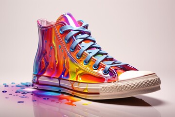 a colorful shoe with blue laces