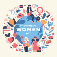 international women day illustration with multi-racial group of women in abstract colors