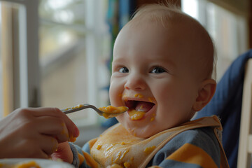 Baby's first taste of solid food, spoon feeding moment, joyful and messy, capturing the milestone in a bright, family setting