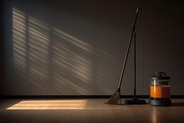 a broom and a vacuum cleaner on a wood floor