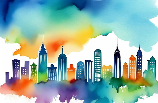 a bright watercolor illustration with colorful skyscrapers of a big city